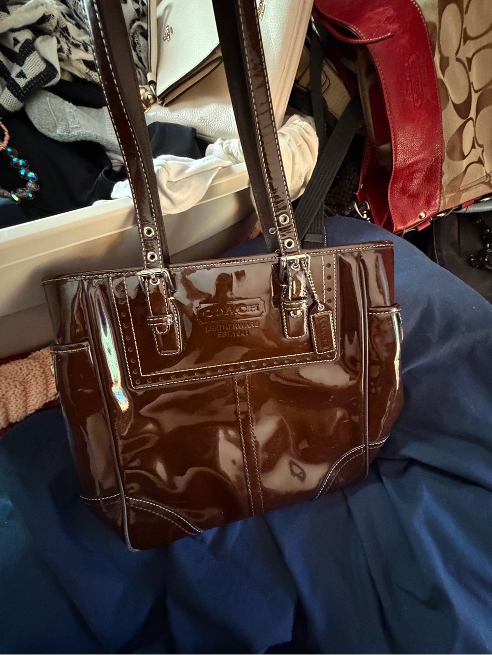 Coach Patent Leather Tote Bag - Brown